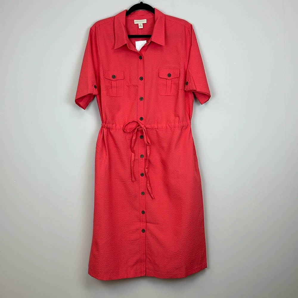 Appleseeds Pink Button Down Dress Cinch Waist Pockets Size 16 NEW